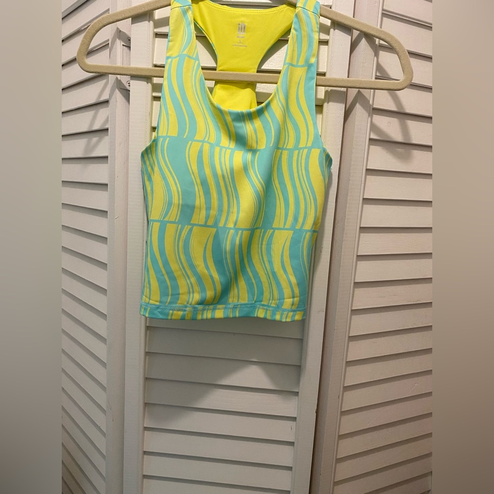 IDEOLOGY Girls “Tank Top w/Built In Sports Bra” Size L Neon Yellow/Aqua Geo EUC